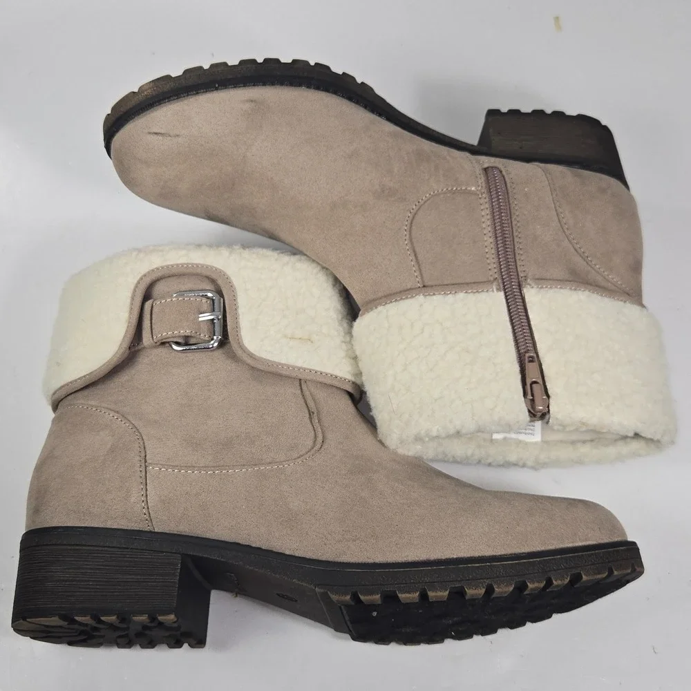 Serra‎ Shearling Trim Ankle Boots Womens 9 Tan Faux Suede Buckle Zip